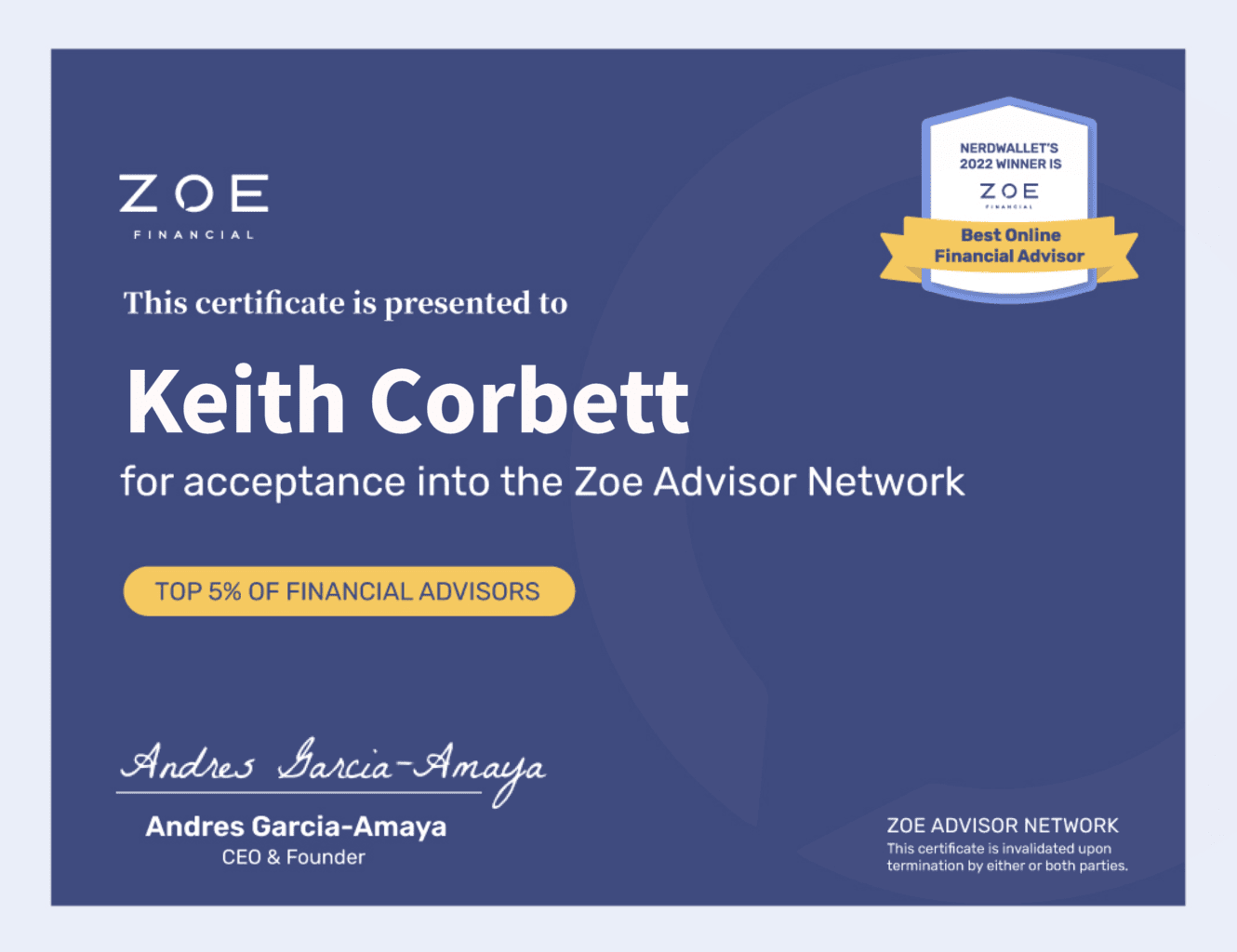 Bluebird Financial Advisor Keith Corbett Selected as Part of Zoe Financial Network